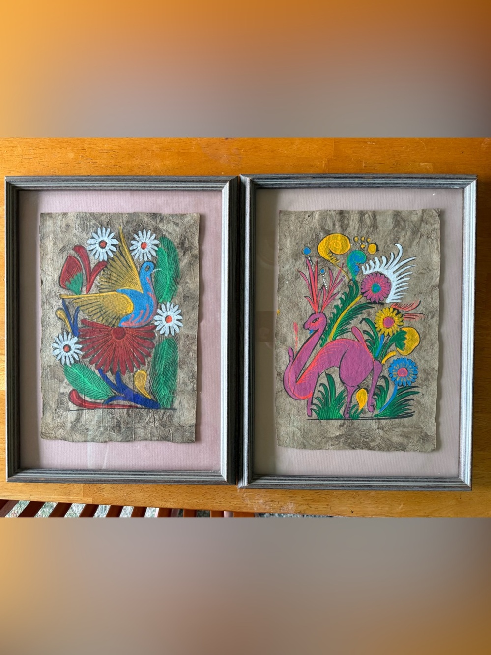 Framed Hand-Painted Bark Paintings from the Yucatan